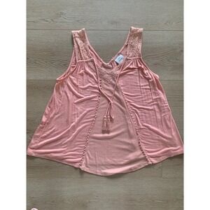 Knox Rose Women Coral Lace Trim Boho Tank Top Tassel V-Neck Pom Pom Medium